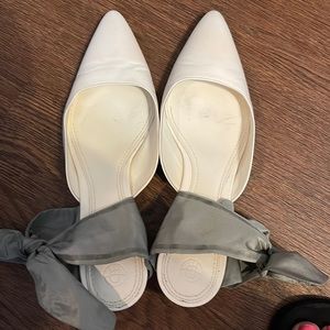 The Row. Off white mules with green/grey ribbon tie at ankle size 36.5